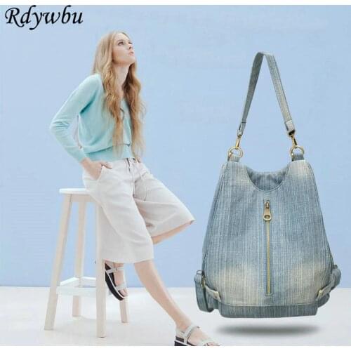 Rdywbu Women Vintage Washed Denim Jean Backpack Girl Fashion Multifunctional Travel Shoulder Bag Big Campus Mochila Bolsa B187