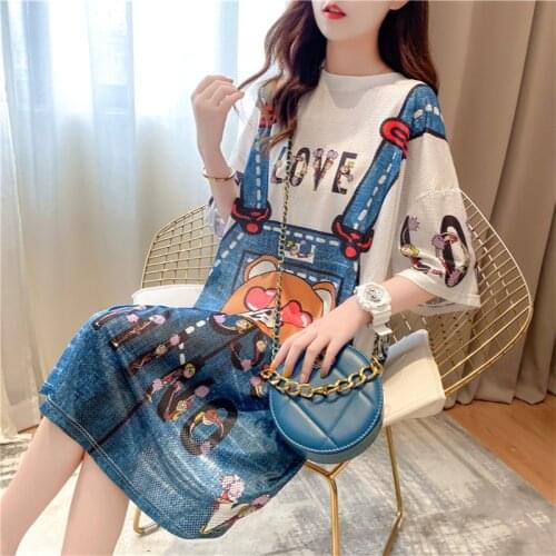Fahion Womens Summer Dress Blue Cartoon Print Comfort O-Neck Women T Shirt Dress With Letter Short Sleeve Dress Women for 2021