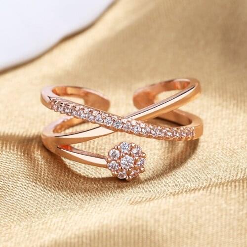 Womens Fashion X-Cross Rose Gold Wedding Rings Shiny Crystal Zircon Stone Stud Simple Style Romantic Open Ring Jewelry Gifts