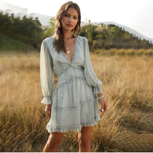 2021 Spring New Womens Sexy Backless V-neck Cake Printed Dress Ladies Full Sleeve Ruffles Summer Dress