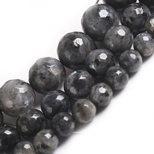 4-12mm Natural Round Faceted Black Larvikite Stone Beads For Jewelry Making Beads 15'' Needlework DIY Beads Trinket Necklace