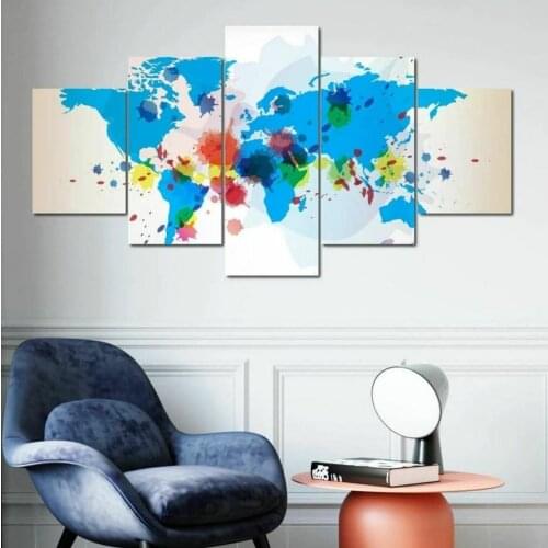Water Color Abstract World Map 5 Panel Canvas Picture Print Wall Art Canvas Painting Wall Decor for Living Room Poster No Framed