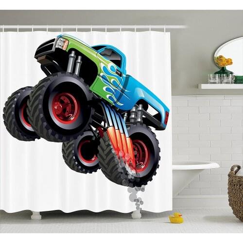 Cars Shower Curtain Cartoon Monster Truck Cool Vehicle Modified to The Perfection Colorful Bath Curtain With Hooks For Bathroom