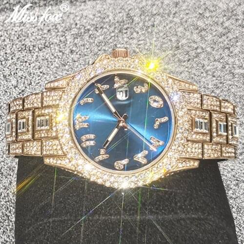 Hip Hop MISSFOX Watches for Men Luxury Full Iced Out Diamond Watches Blue Auto Date Diver Quartz Wrist Watch Men Jewelry Clocks