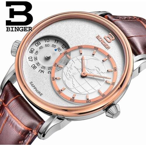 Genuine Switzerland BINGER Brand Men quartz sapphire watch traveler series leather strap waterproof Two Multiple time zones GMT