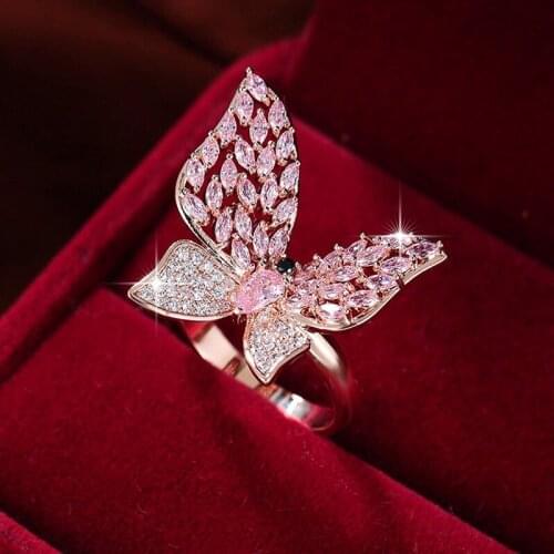 Funmode Beauty Rose Gold Color Pink Cubic Zircon Butterfly Finger Rings bijoux decorations for girls anillo Wholesale FR210
