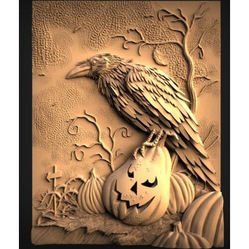 STL Model for CNC Router 3D Printer Artcam Aspire Bas Relief Crow Pumpkin