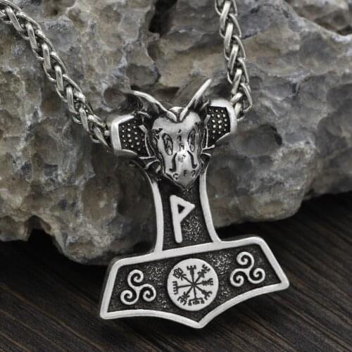 Man Amulet Viking Rune Thor Hammer Vegvisir Triskelion Odin Symbol Pendant Necklace with Gift Bag -23 Inch Chain