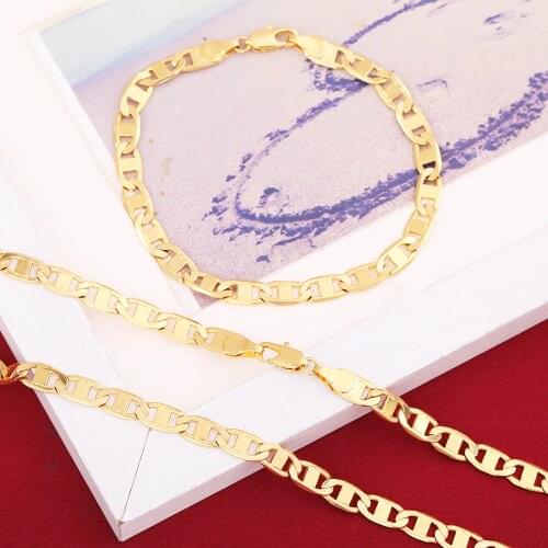 African Necklace Bracelet Set Yellow Gold Color 7mm Link Chain Set For Men Hiphop Jewelry Wholesale Set