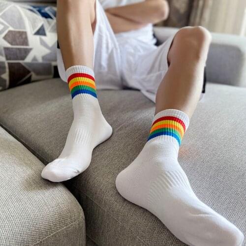 Cool Summer Mens Funny Ankle Socks Harajuku Colorful Stripes Mid Funny Socks 1 Pair Kawaii Rainbow Gay Street Hip Hop socks