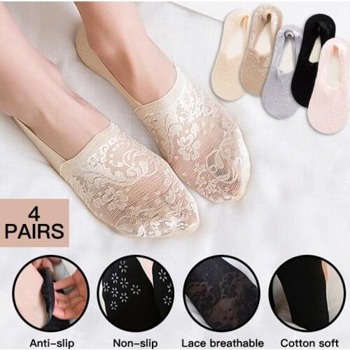 4 Pairs Fashion Women Girls Summer Socks Style Lace Flower Cute Lace Japanese Fashion Thin Low Cut Silicone Non-slip Invisible