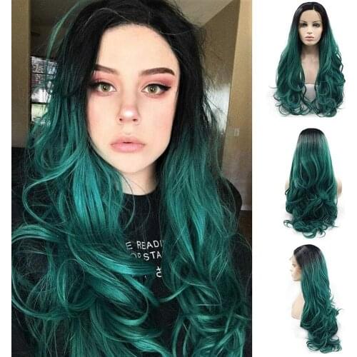 Ombre Green Lace Front Wigs Long Wavy Synthetic Black Root to Dark Green Fashion Side Part Heat Resistant Cosplay Wig for Women