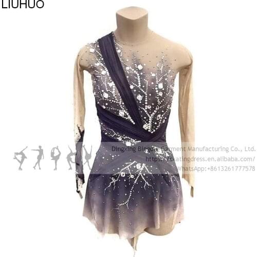 Ice Figure Skating Dress Women Girl Competition Latin Gray Purple Rhinestones Teens Skating Dress Female Dancewear Skating Dress