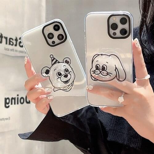 Korean Bunny Bear Bracket Shockproof Transparent Soft Case For IPhone 11 12Pro Max 7 8 Plus XR X XS Max Lovely Bumper Back Cover