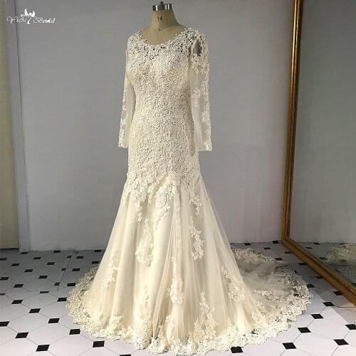 RSW832 Long Sleeve Mermaid Lace Champagne Wedding Dress