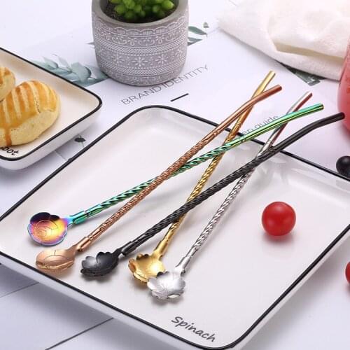 Stainless Steel Straw Cherry Blossoms Shapes Long Twisted Straw Reusable Straws Cocktail Coffee Stirring Spoon Drinking Straw
