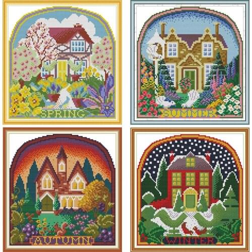 New Style Joy Sunday Printed Cloth Cross Stitch four seasons cottage Sitting Room Embroidery DIY Handmade Classic Decoration
