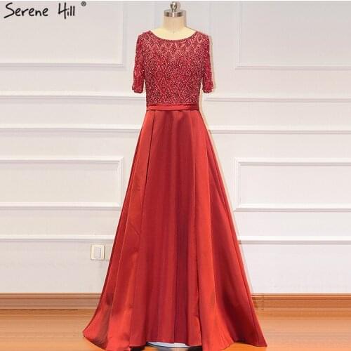 Wine Red Half Sleeves Sexy Evening Dresses Dubai Satin Beading Pearls Formal Dress 2020 Serene Hill LA60941