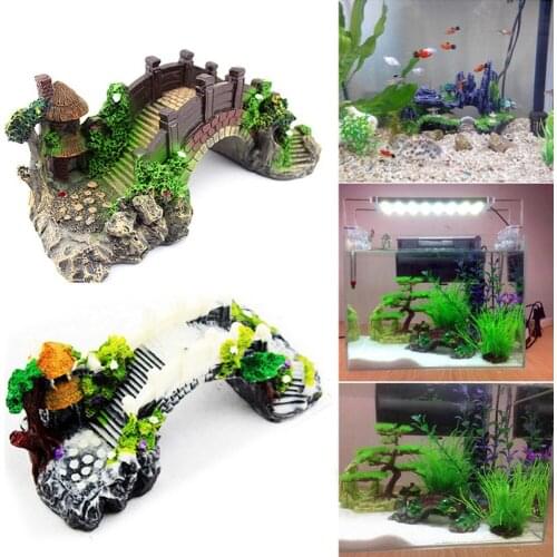Vintage Decorative Bridge Aquarium Fish Tank Landscape Ornaments Pavilion Tree Plants Resin Design Pet Supplies Home Decorations