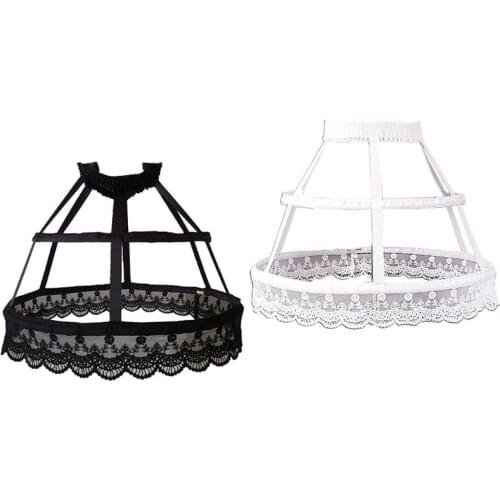 Women Retro Victorian Petticoat 2 Hoops Crinoline Lolita Fishbone Hollow Out Bird Cage Skirt Embroidery Floral Lace Wedding Brid