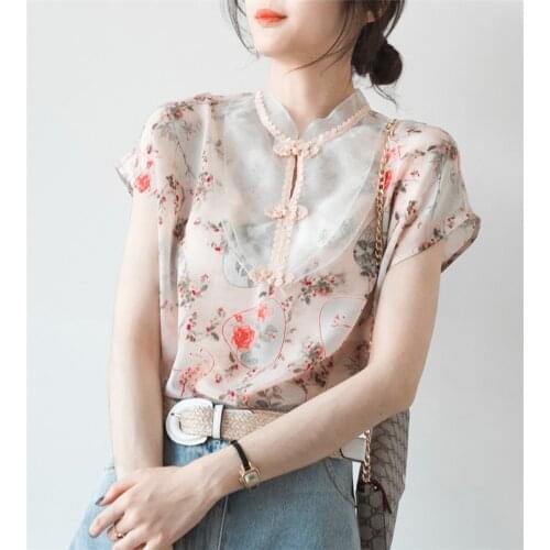 Woman Chinese Tops Retro Short Sleeve Traditional Style Retro Floral Blouse Summer Silk Satin Buckle Ethnic Ladies Shirts