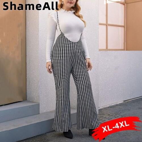 Plus Size Houndstooth Suspender Rompers Overalls 4XL Vintage Cotton Bandage Jumpsuits Playsuits Long Wide Leg Pants Combinaison