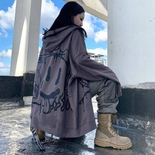 Emo Gothic Hoodie Women Korean Anime Print Long Sleeve Zip Up Tracksuit Cotton Streetwear Oversized Hip Hop Coat Grunge Clothes
