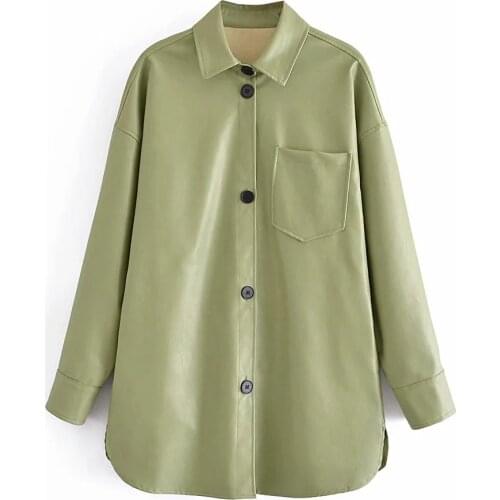 Za Vintage Stylish PU Faux Leather Pocket Blazer Coat Women Fashion Notched Collar Long Sleeve Female Outerwear Chic Tops