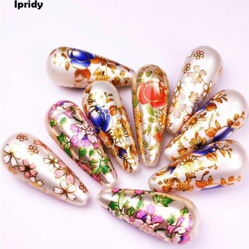 10 Pcs/lot 13X33mm White Japan Painting Vintage Japanese Colored Drawing Beads Drop the bottom of color Flower Pattern Opaque