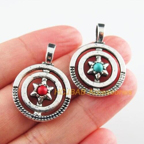 12 New Circle Charms Tibetan Silver Tone Red & Blue Stone Star Pendants 21x29mm