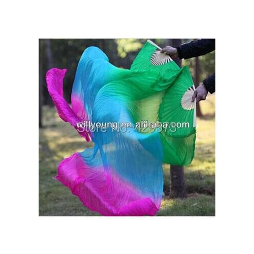 2014 New fashion 180cm long Belly Dance Silk Fan Veils with green+light-blue+fuchsia