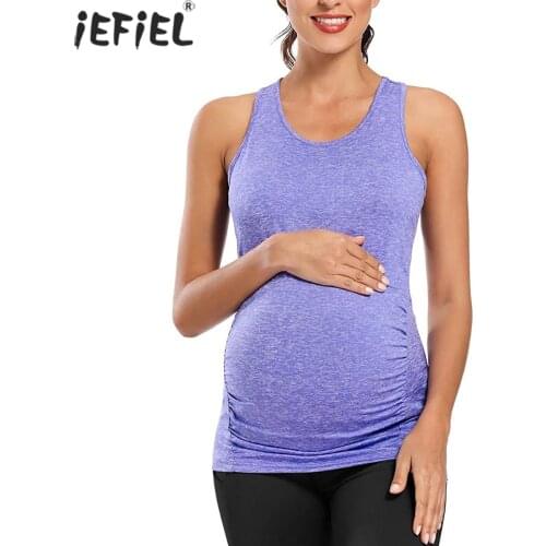 Pregnancy Maternity Workout Yoga Tank Tops Womens Pregnant Side Ruched Casual Maternity Clothes Seamless Racerback Vest Tops Tee