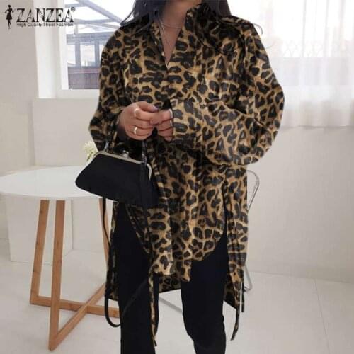 ZANZEA Womens Leopard Printed Blouses 2021 Casual Asymmetrical Shirt Female Lapel Button Long Sleeve Summer Tunic Tops Blusas