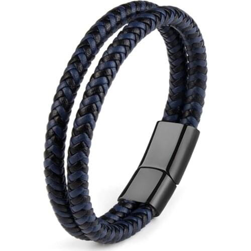 Genuine Leather Bracelets Double-layer Stainless Steel Magnetic Buckle Unique And Personalized Style Bangles Gifts For Men