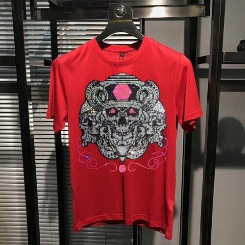 Mens Summer T-Shirt Personality Skull Hot Drilling Design Exaggerated Short-Sleeved Super Good Guality