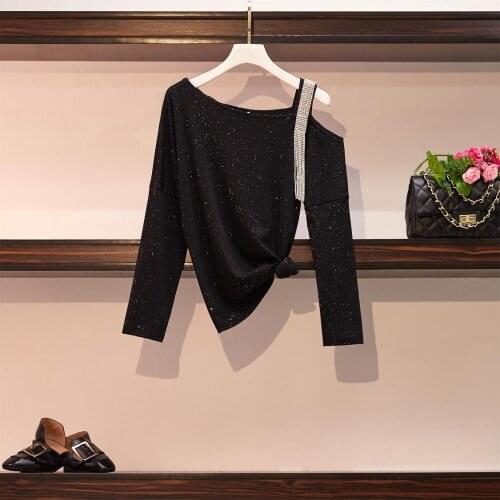 Spring T Shirt For Women 2021 Diamond Patchwork Long sleeve T-shirt Casual Loose One shoulder Tunic Tops Diamond Tees Plus Size