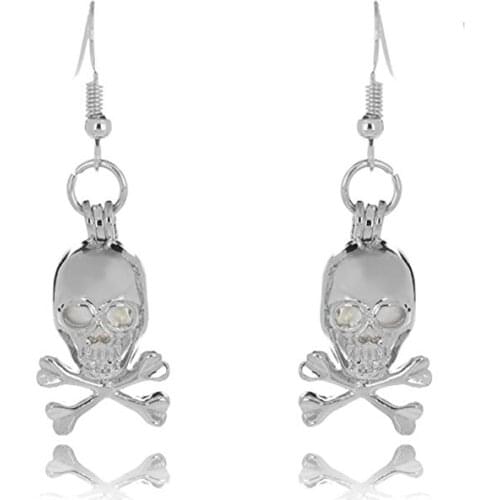 HENGSHENG Pearl Oyster Locket Cage 6-7 mm Freshwater Cultured Oval Pearls Skull Pendant Dangle Earrings