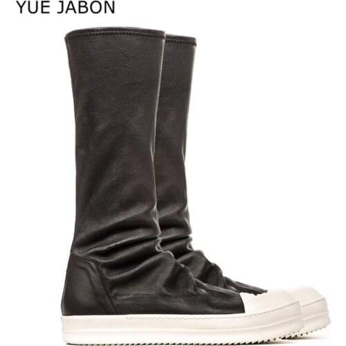 Classical Black Elastic Knee High Boots Women White thick bottom Motorcycle Leather boots Bottine Femme Round Toe Botas Mujer