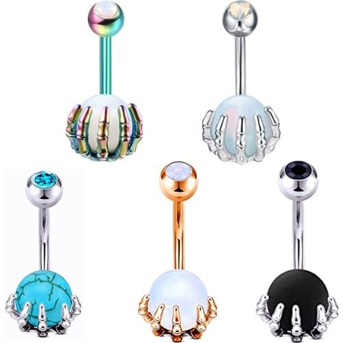5 Pcs/Pack 14G Surgical Steel Bar Claw Belly Piercing Balls Crystal Fake Opal Belly Button Rings Earrings Skull Navel Jewelry