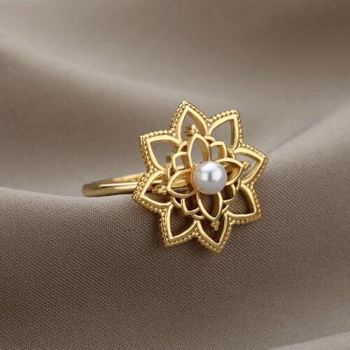 Lotus Pearl Ring Stainless Steel Gold Silver Color Flower Rings For Women Vintage Couple Aesthetic Jewelry Gift bague femme
