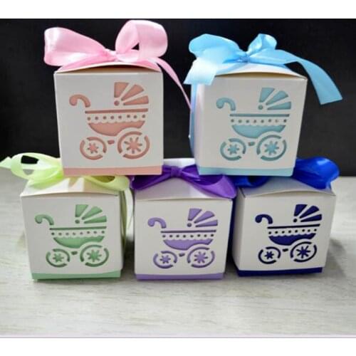 10Pcs Laser Cut Baby Car Baby Shower Candy Gifts Boxes Favor Boxes With Ribbon Carriage Shower Wedding Birthday Party Supplies