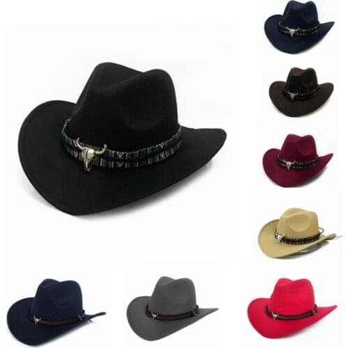 Ethnic Style Cowboy Hat Fashion Chic Unisex Solid Color Jazz Hat With Bull Shaped Decor Western Cowboy Hats