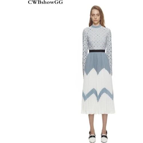 CWBshowGG Lace Chiffon patchwork Slim thin High Waist Slim Pleated Dress designer dresses runway 2018 high quality midi Dress