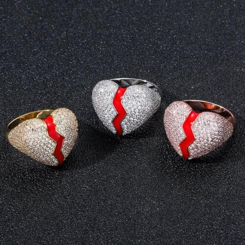 Broke Heart Rings Iced Out Micro Pave Zircon Rings for Men Women Fashion Hip Hop Jewelry