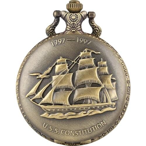 Vintage Shipping Bronze Canvas Boat Quartz Necklace Pocket Watch with White Dial and Chain for Men Women