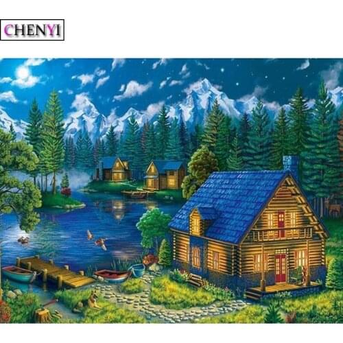 CHENYI 5D DIY Diamond Painting Kit Landscape Full Square Drill Forest House At Night Diamond Embroidery Cross Stitch Home Decor