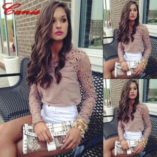 2020 New Long Sleeve Lace Hollow Out Commuting Top Women Spring and Autumn Shirt Neck Casual Long Sleeve Bottoming Shirt