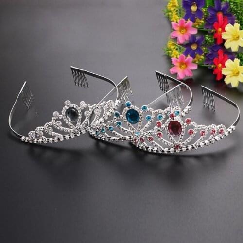 Paty Props Pink Gems Rhinestone Tiara Blue Crystal Crown Alloy Silver Headband for Kids Girl Prom Birthday Prinecess Costume