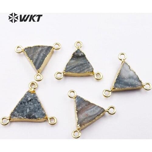 WT-C214 Wholesale natural drusy connectors three loops druzy crystal stone connectors with 24K gold trim triangle jewelry 15mm