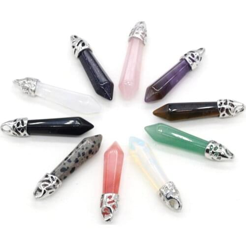 Natural Stone Pendants Hexagonal Cone Crystal Agates Amethysts Turquoises Opal Stone Charms for Jewelry Making Necklace Earrings